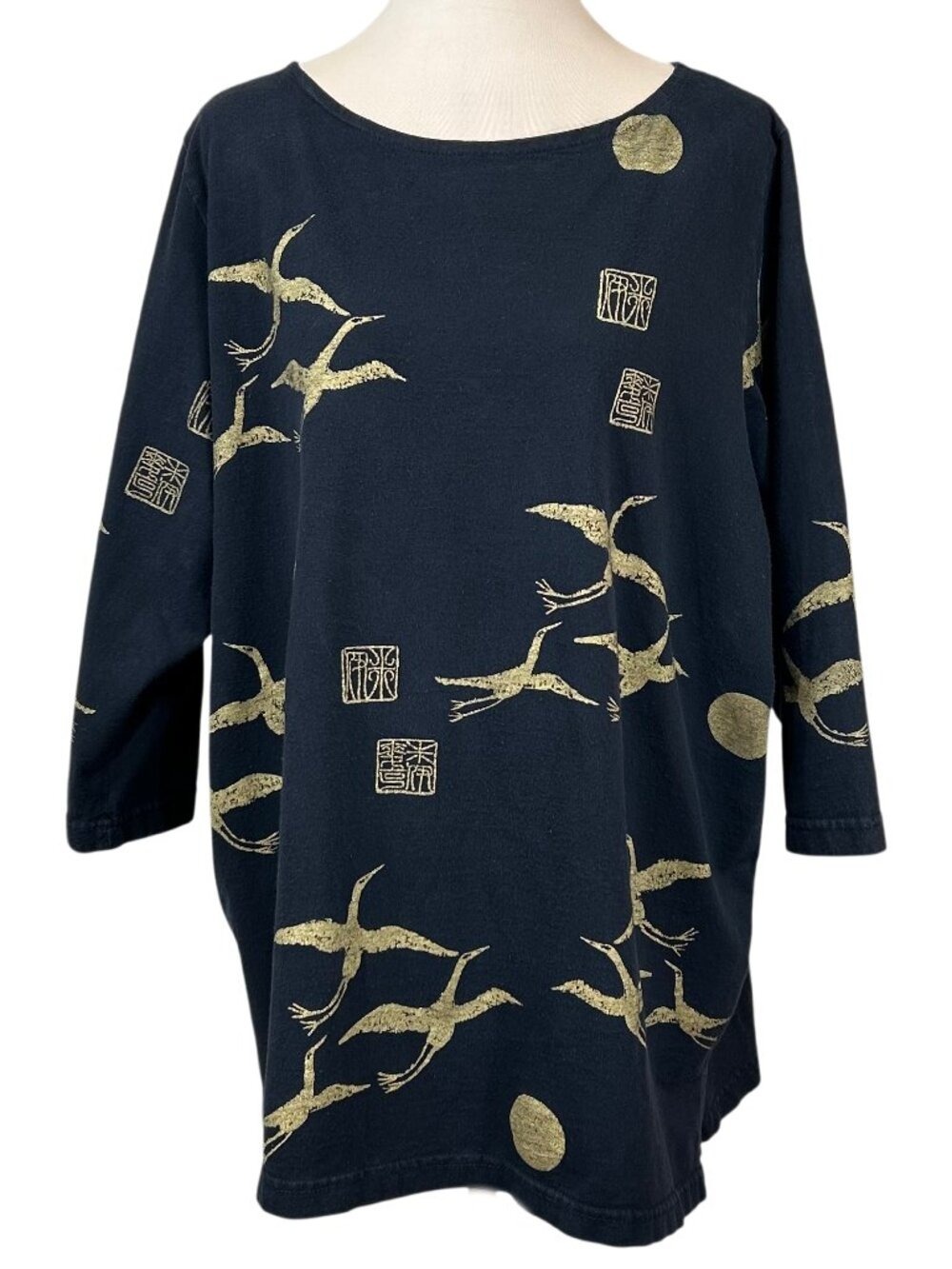 M. MAC Vintage Black Gold Japanese Crane Print Tunic Size 3X - Picture 1 of 6